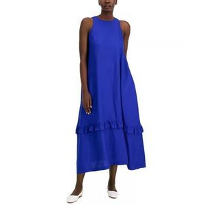 $129.00 Alfani Ruffled Sleeveless Maxi Linen-blend Dress, Modern Blue, XS